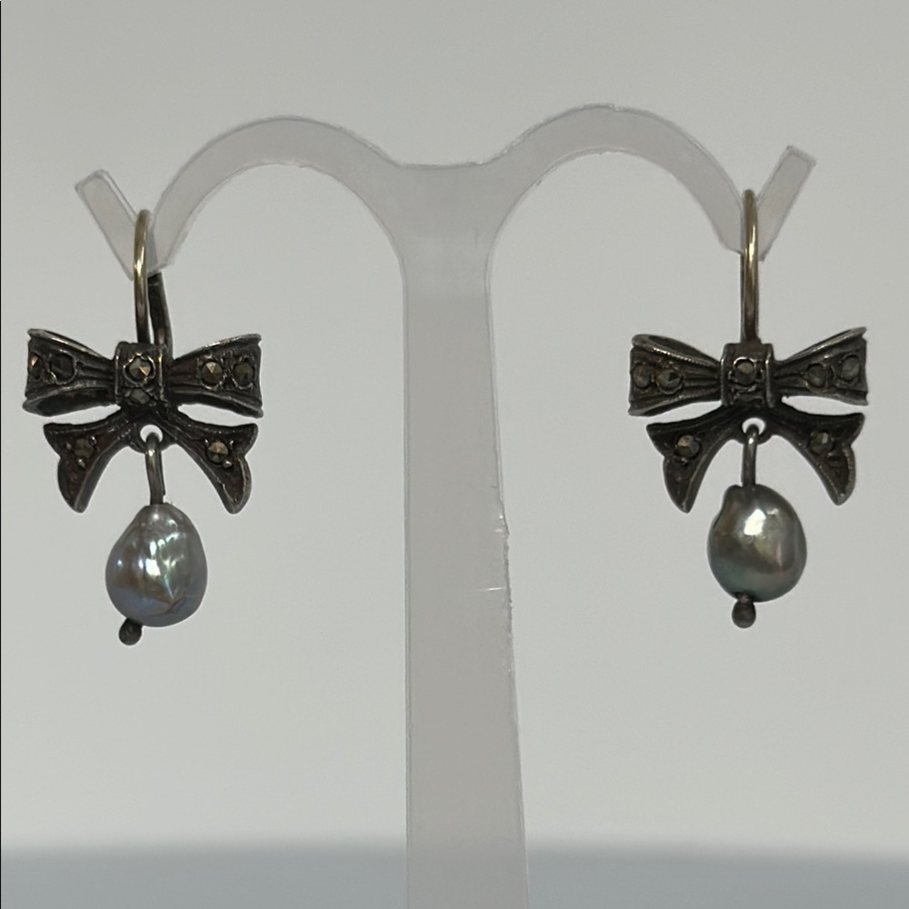 925 real Pearls crystals Elegant Silver Bow Earrings